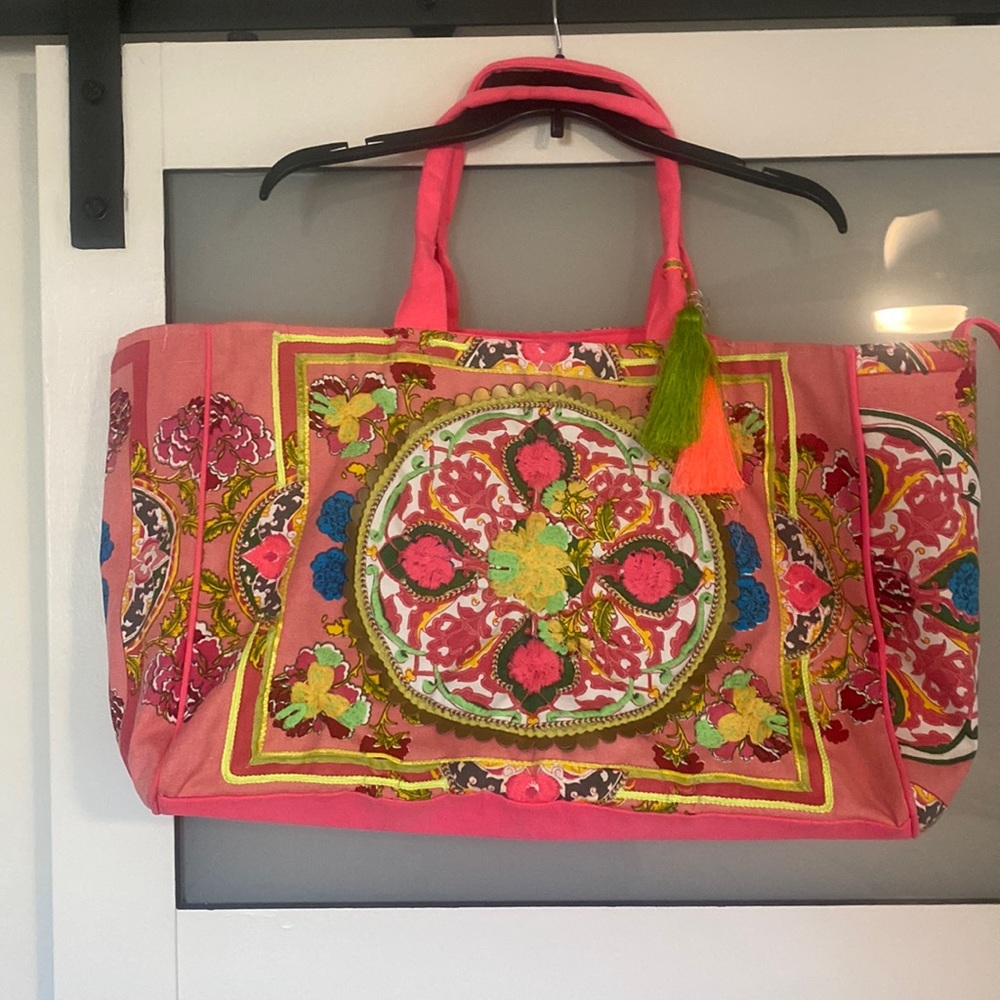 Debbie Katz XL Bohemian Beachy Tote Bag! Bright Coral with green, blue, yellow